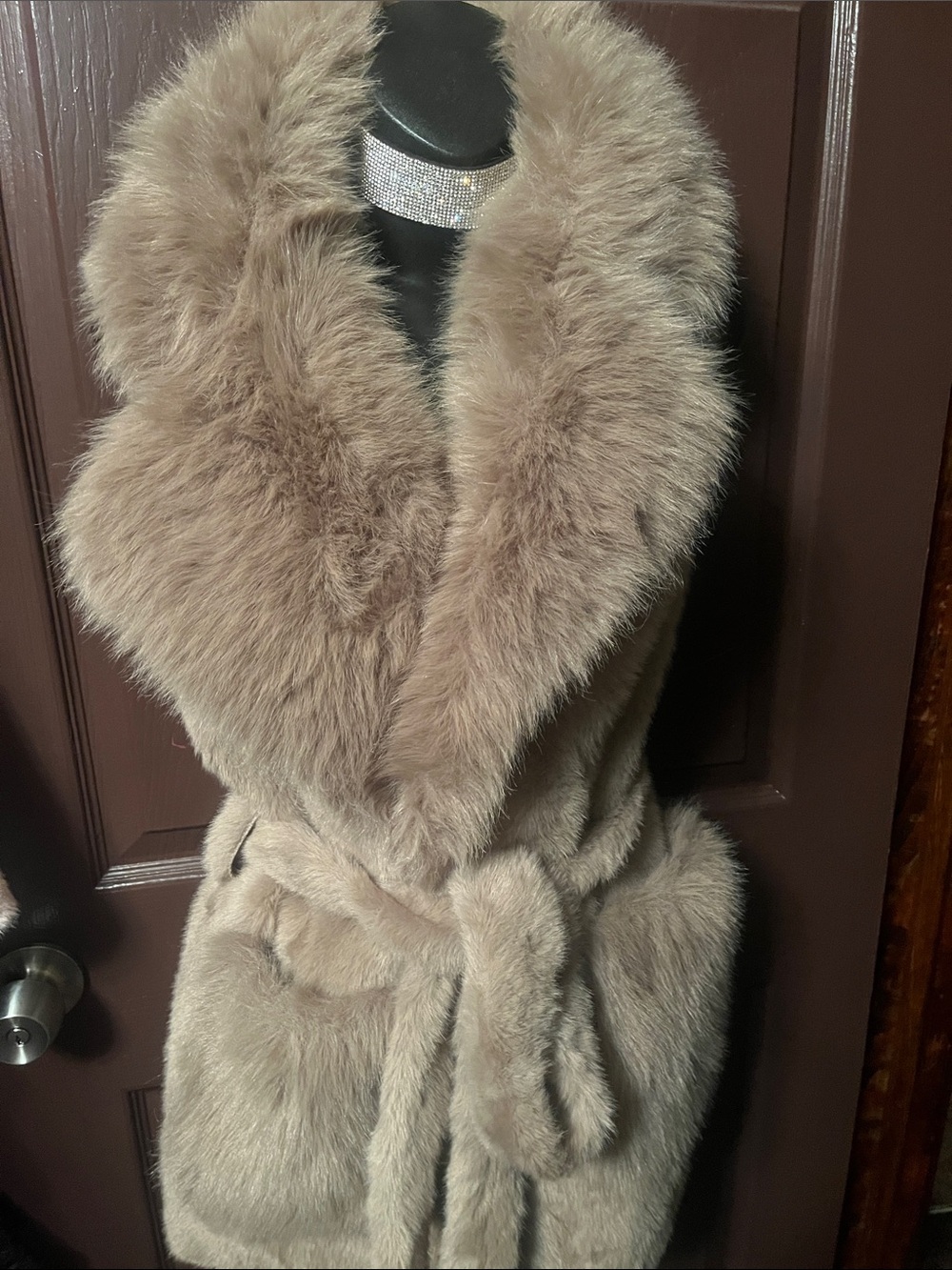 Diva Luxury High end Plush Taupe Faux Fur Vest with Shawl Collar and Belt